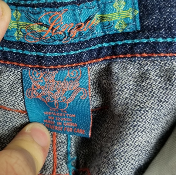 Blue and Orange Graphic Design Denim Shorts - Picture 3 of 3